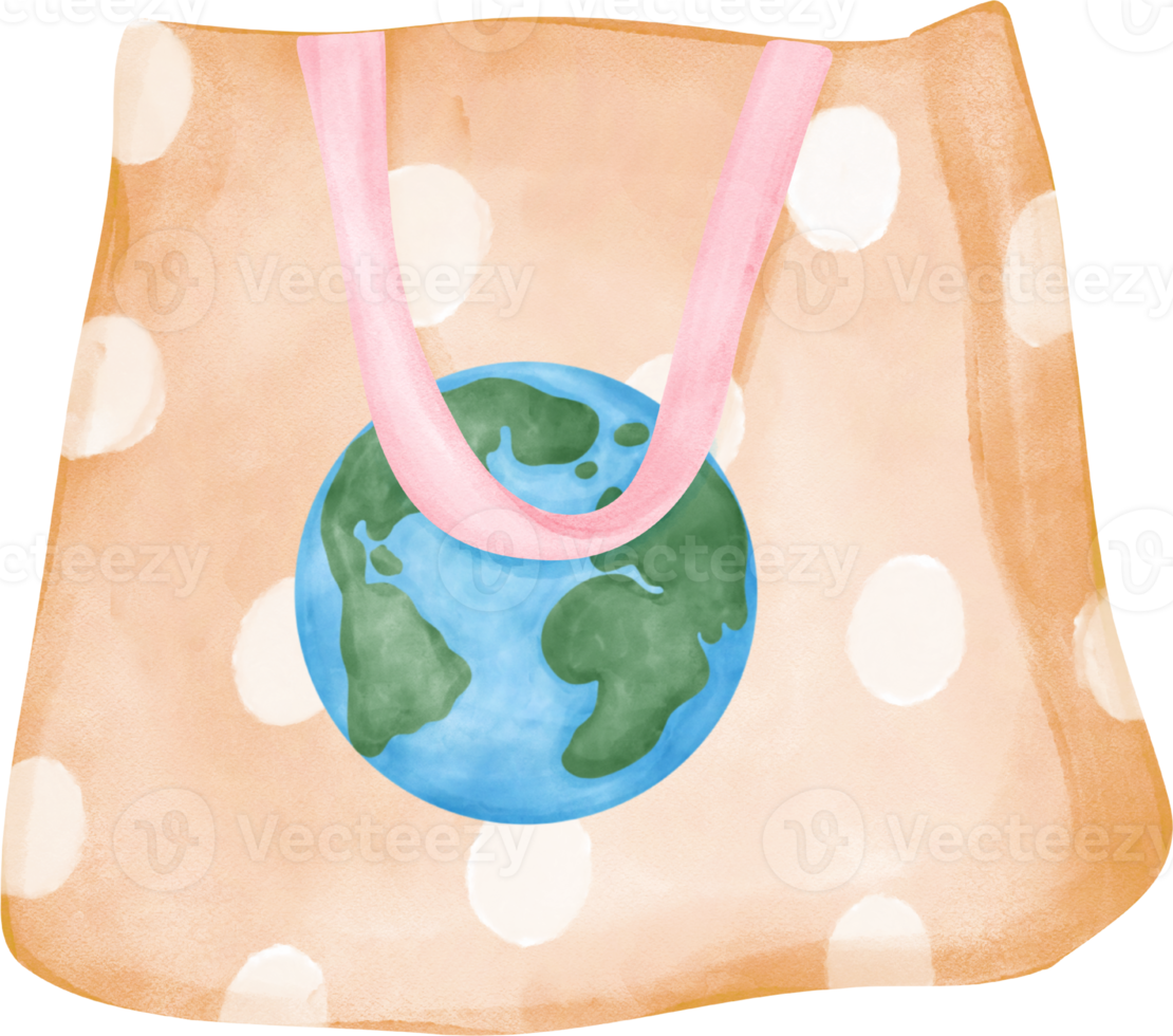 Empty Eco-Friendly reusable shopping tote Bag with earth symbol watercolor png