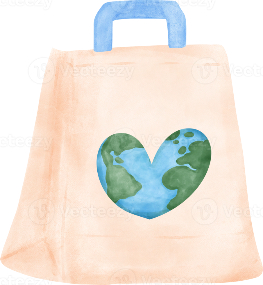 Empty Eco-Friendly reusable shopping tote Bag with earth symbol watercolor png