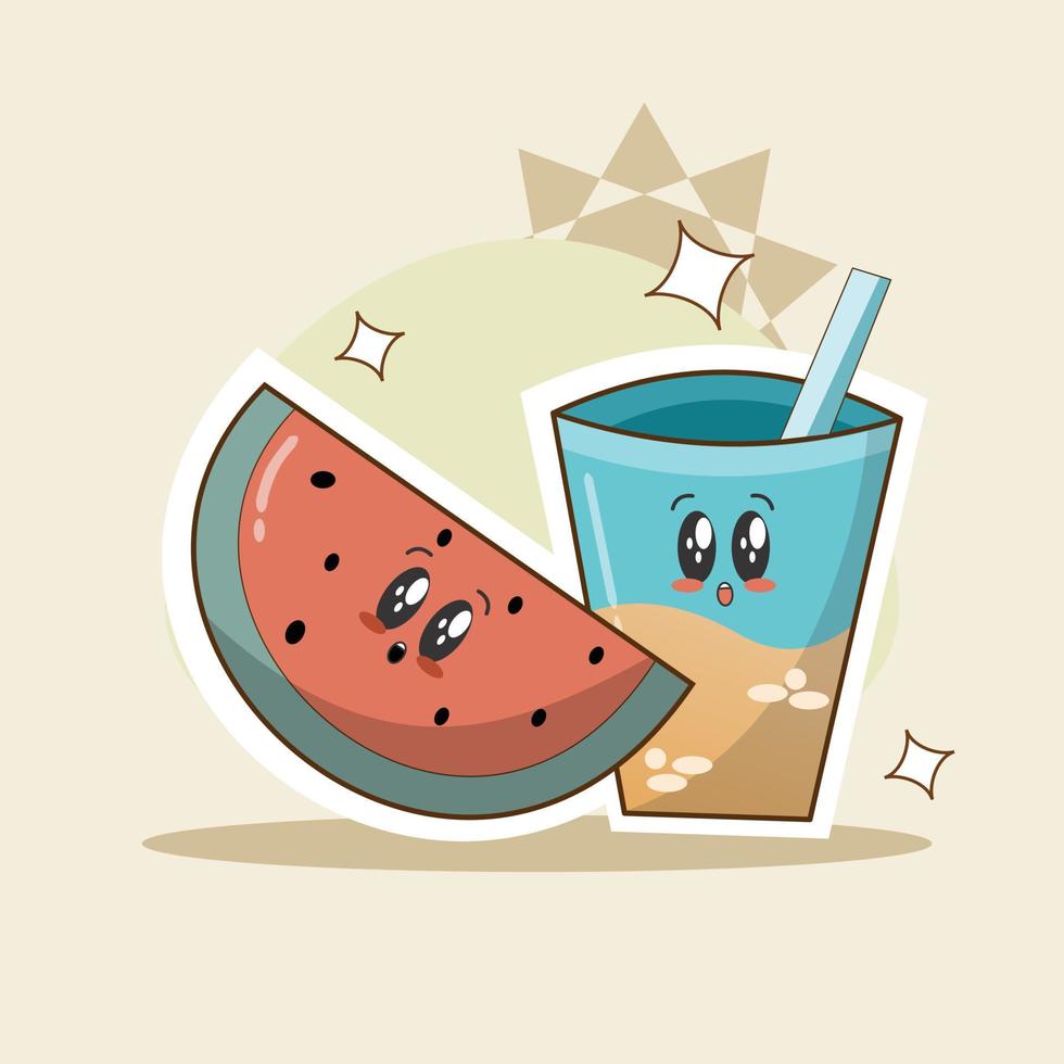 Cute watermelon and orange juice illustration sticker vector