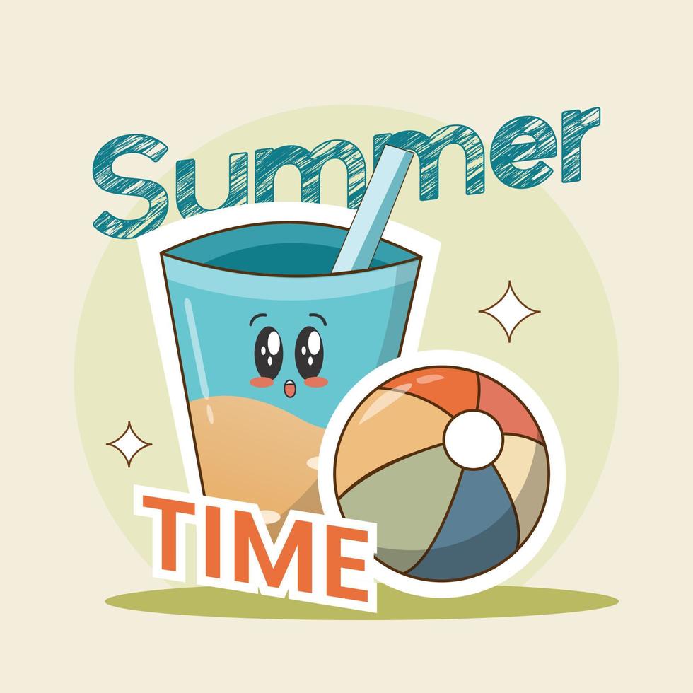 Cute summer time poster with beach ball and a cup illustration vector