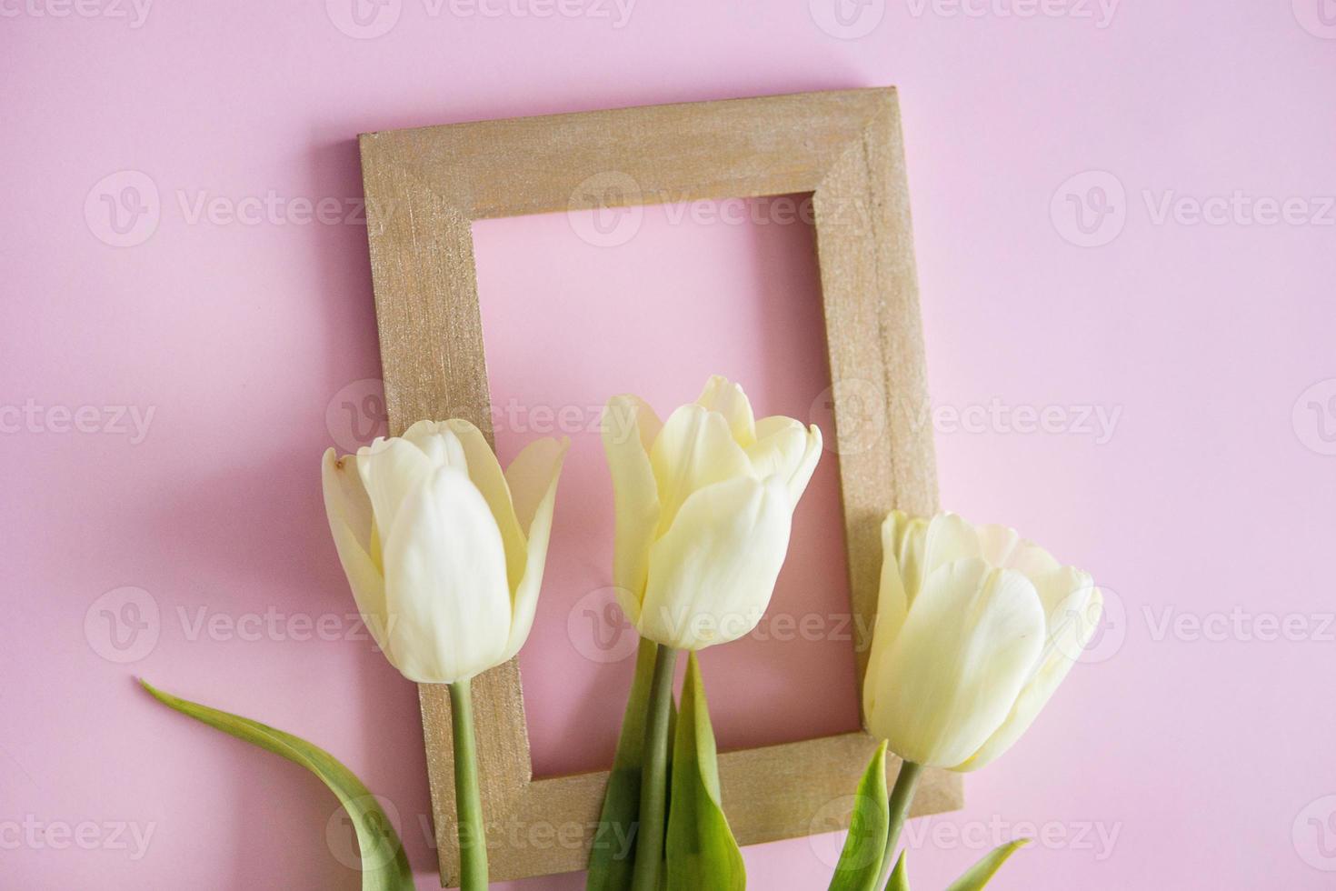 Yellow Tulip flowers are arranged on a pink background. The view from the top, flat lay. Empty space for the text. Spring concept. Women's day. photo