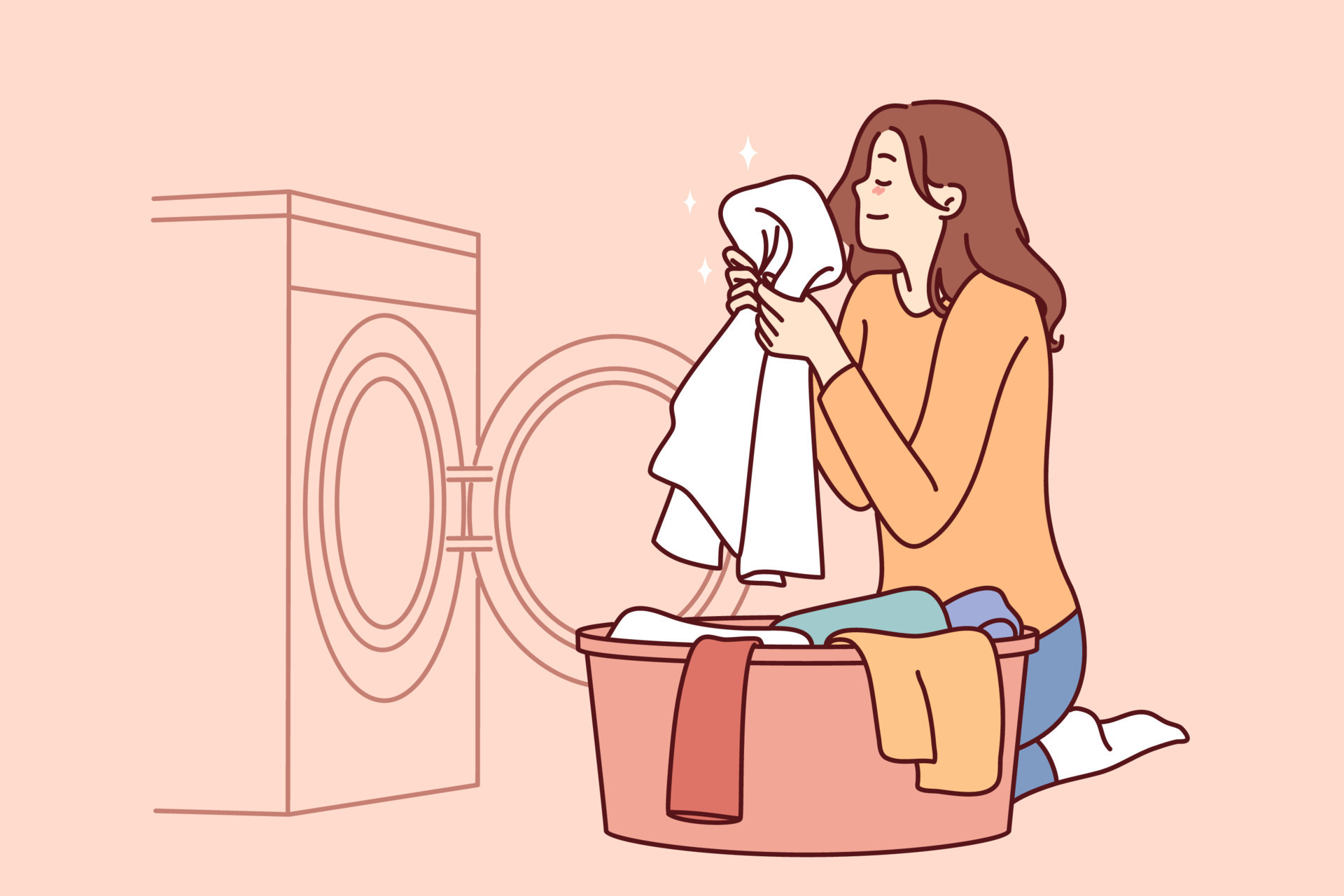 Housewife woman sits near washing machine and inhales fragrant smell
