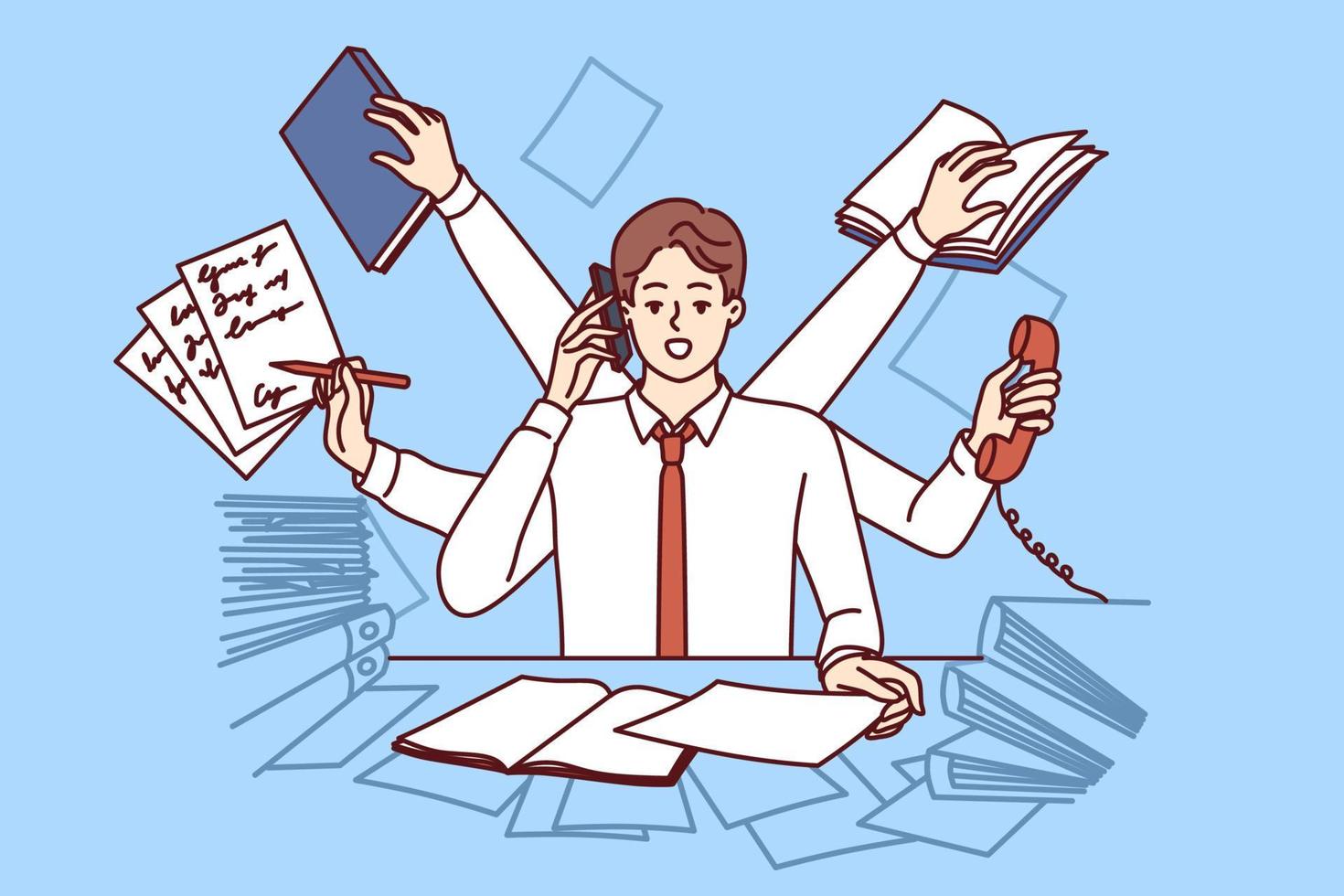 Multi-armed man multitasking with documents and talking on phone at same time sitting in office. Clerk guy wants to achieve career success multitasking to please boss or become manager vector