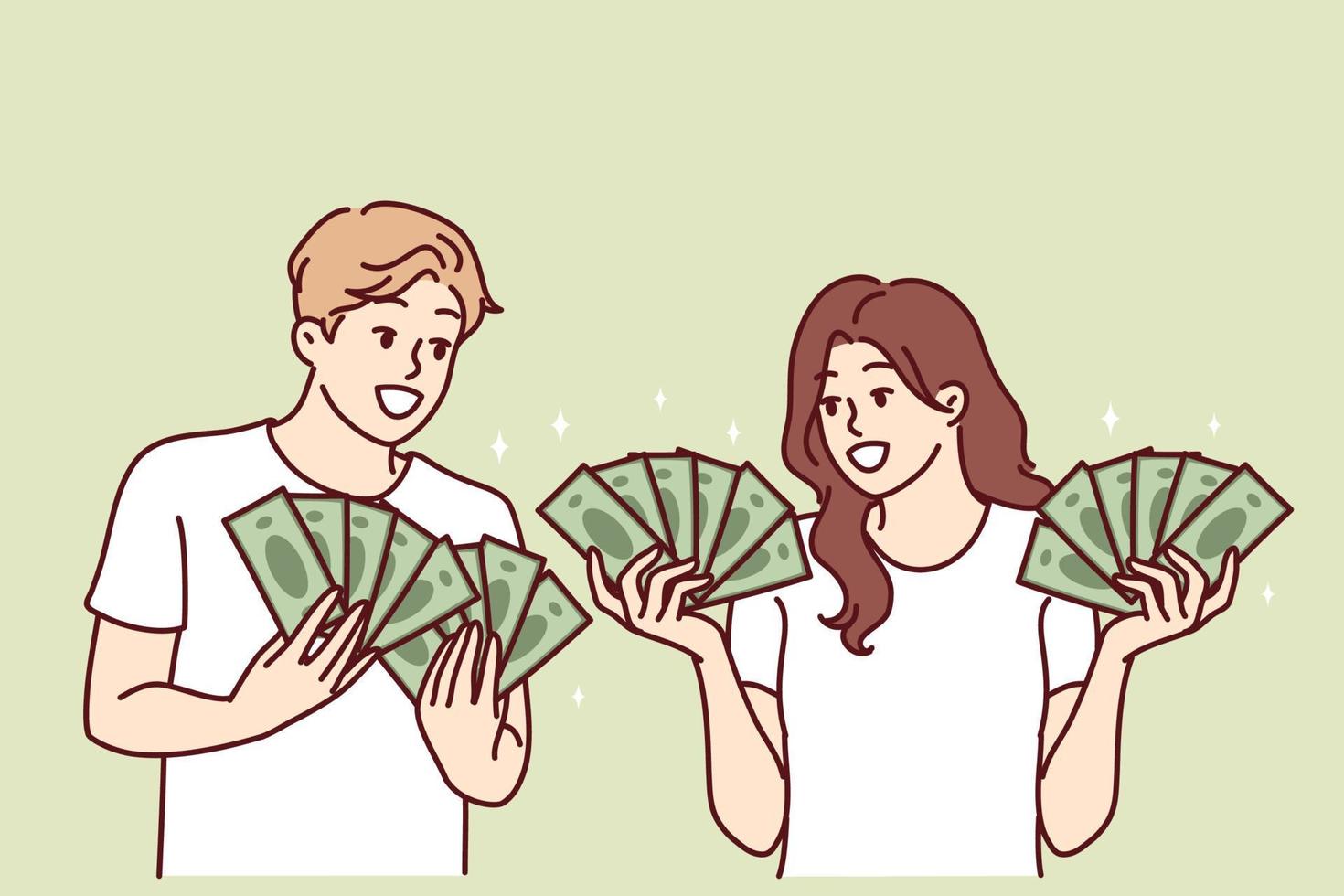 Man and woman with lot of cash in hands brag about money they earned from business or winning jackpot in lottery. Couple rich guys girls with money want to invest savings or invest in startup vector