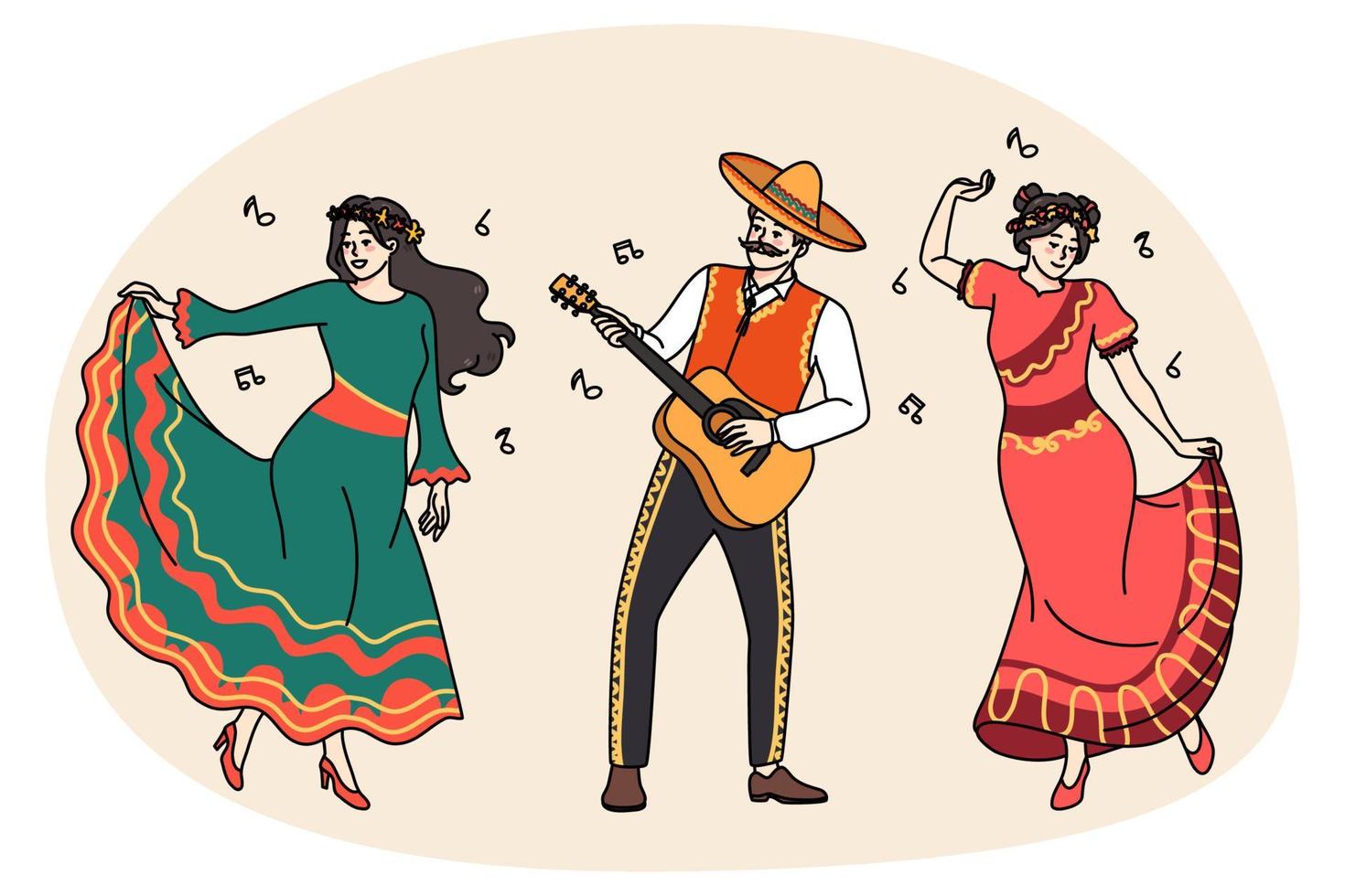 Happy Mexican people in traditional clothes dancing vector