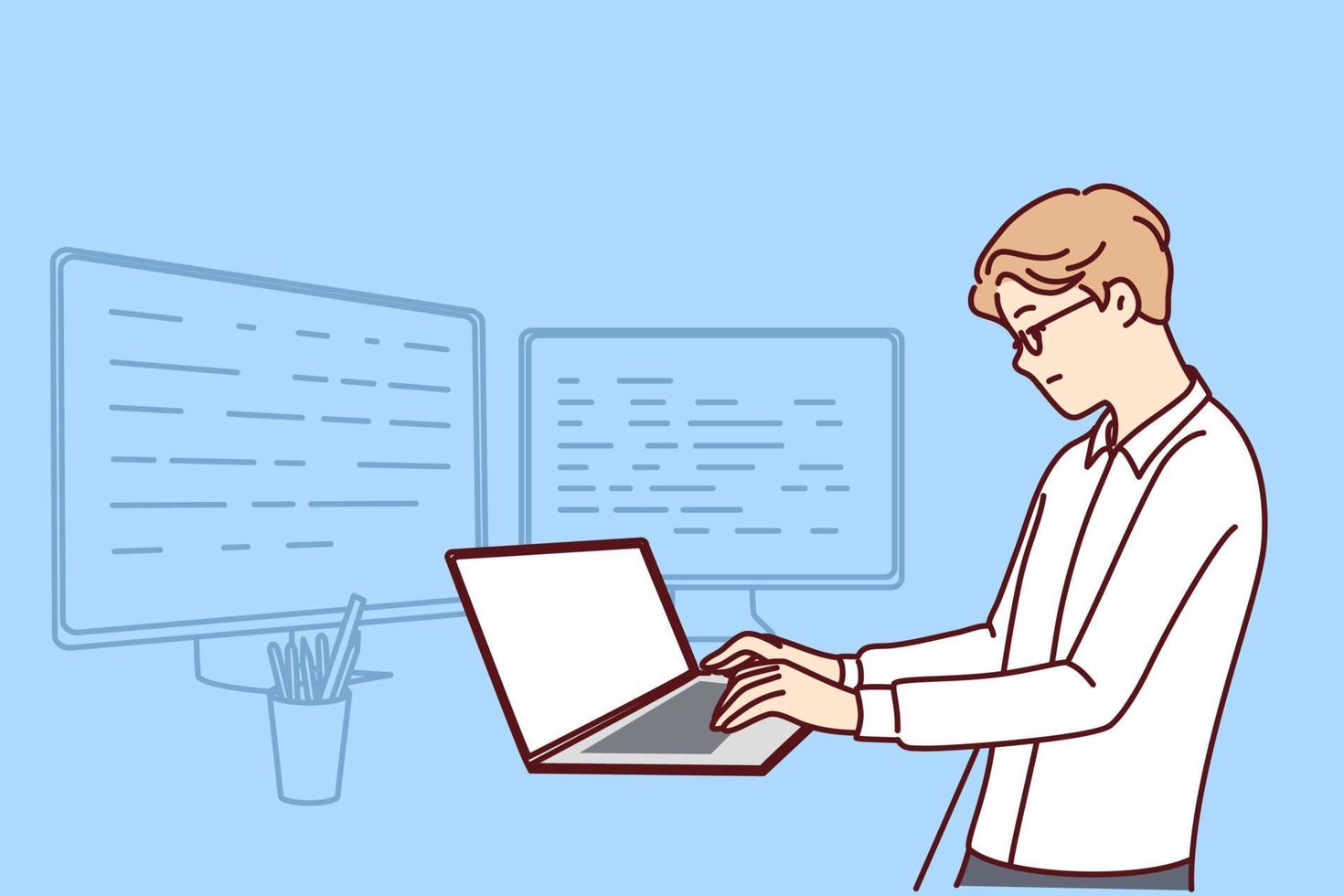 Man software developer is standing at table with laptop and monitors creating server applications. Dispatcher guy works as it analyst using software to monitor load on company computer systems. vector