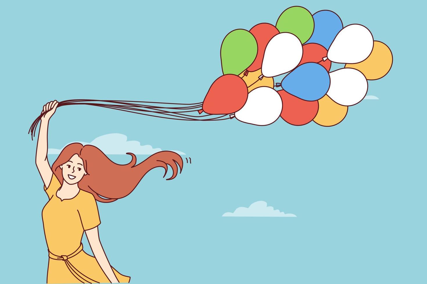 Happy young woman with balloons rejoices at onset of spring and warm weather standing on background of blue sky. Cheerful girl in summer dress with balloons symbolizing lightness and good mood vector