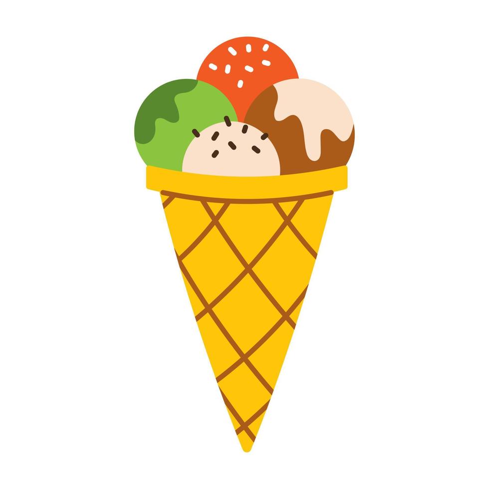 Vector waffle cone with scoops of ice cream. Summer dessert. Ice cream balls in waffle cone. Sweet food in flat design.