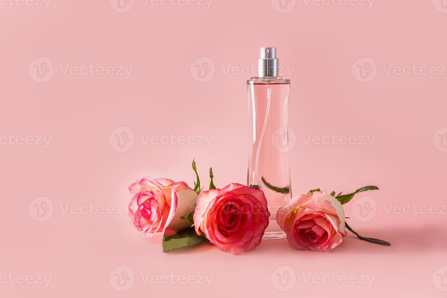 un elegante transparente botella de un cosmético perfume producto en un rosado antecedentes con un réplica de el espacio y Tres Fresco rosas. foto