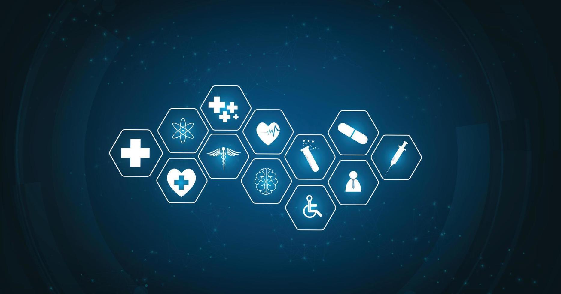 Healthcare and technology concept with flat icons and symbols. Template design for health care business, innovation medicine, pharmaceutical industry, science background, medical research. vector