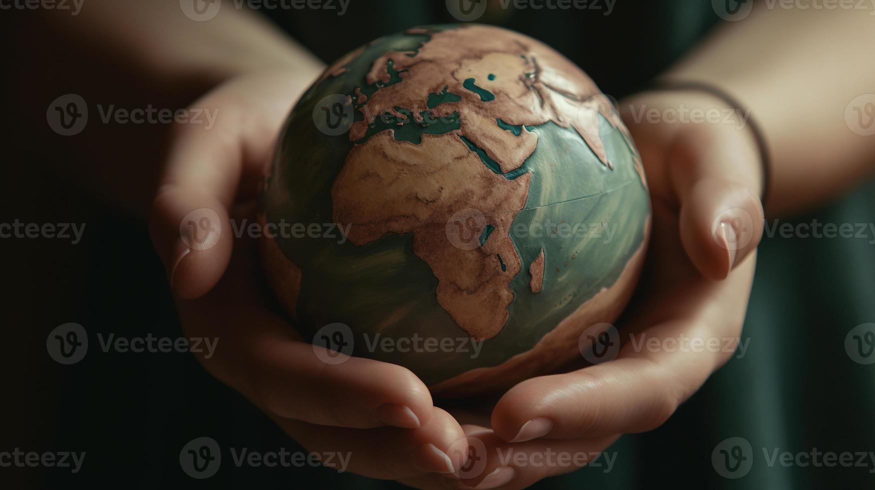 human hands holding a small globe with plants growing out of it photo