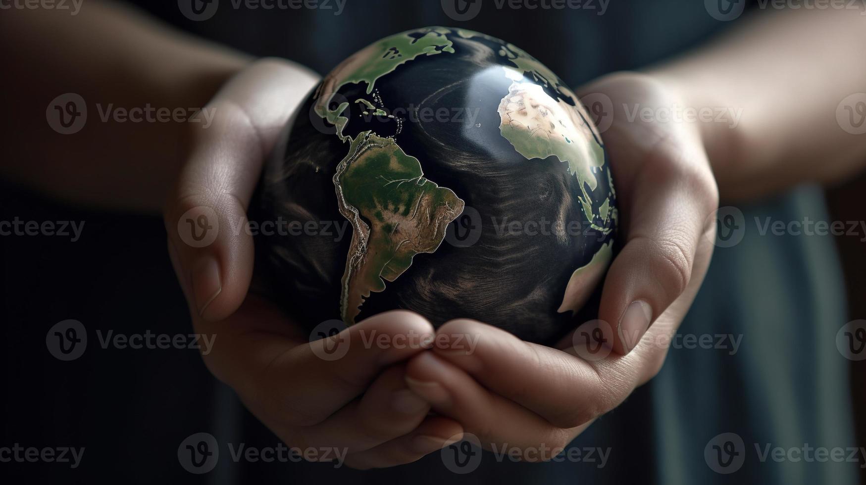 human hands holding a small globe with plants growing out of it photo