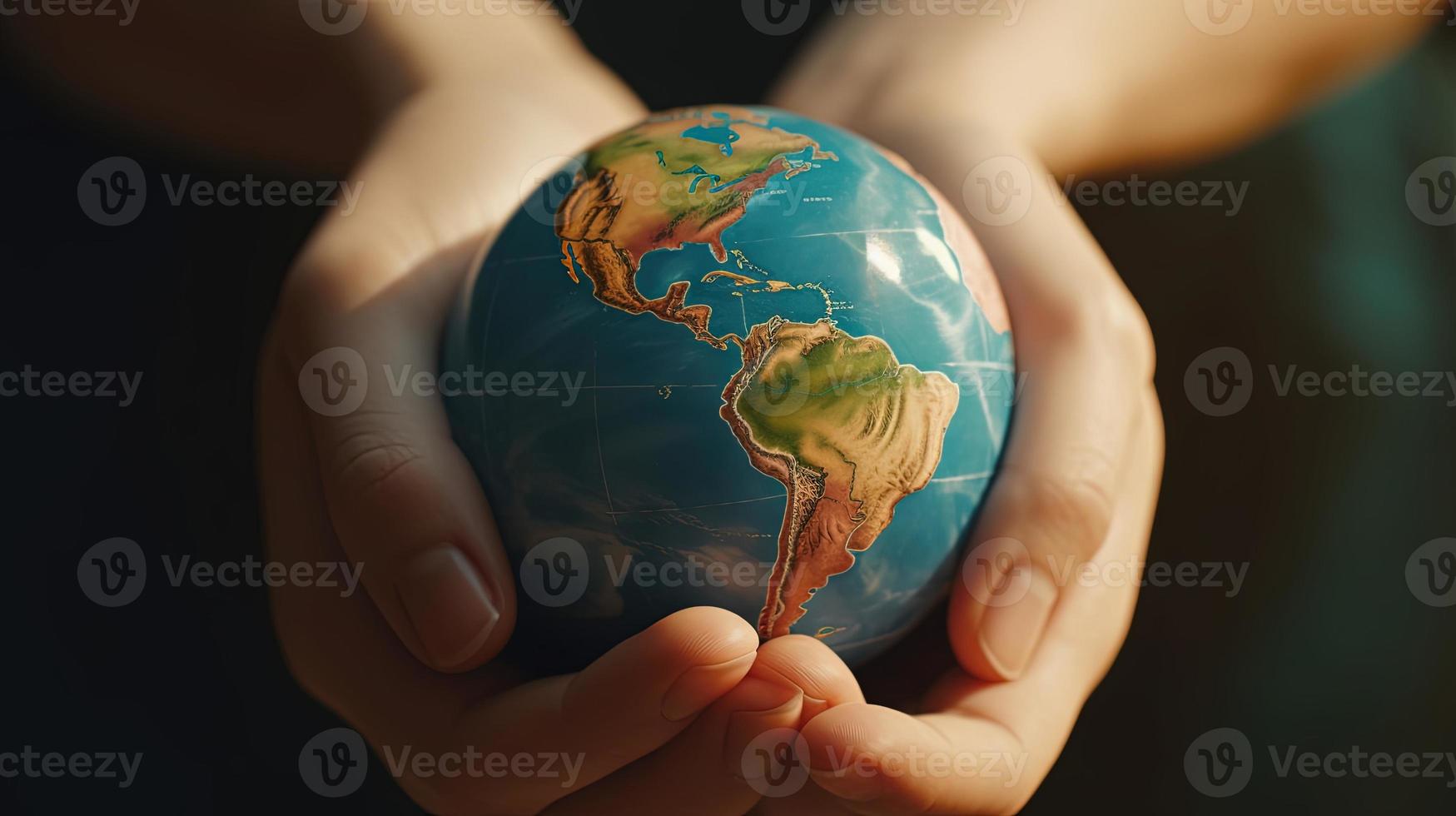 human hands holding a small globe with plants growing out of it photo