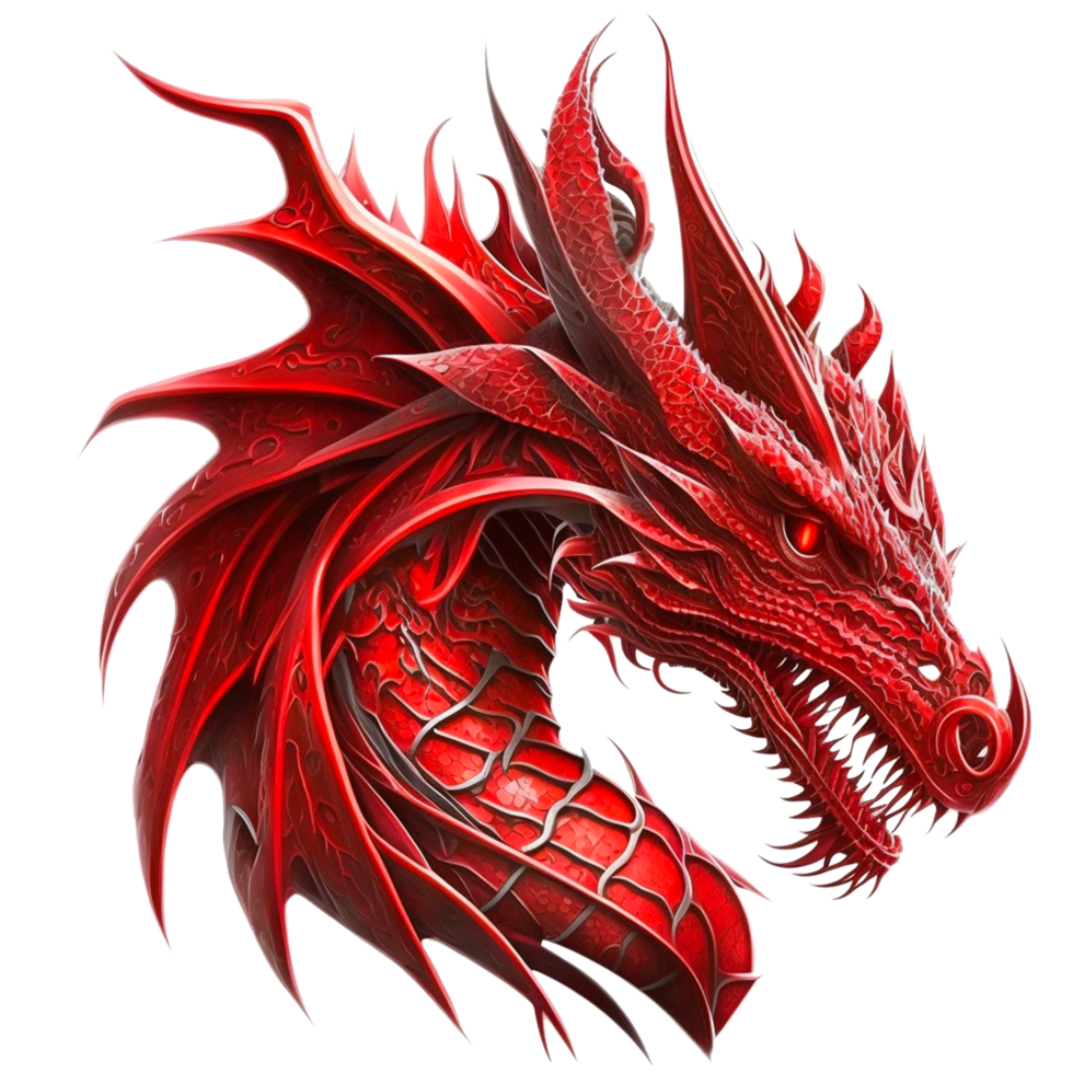 Glowing gaze and fanged mouth in red dragons head sight png