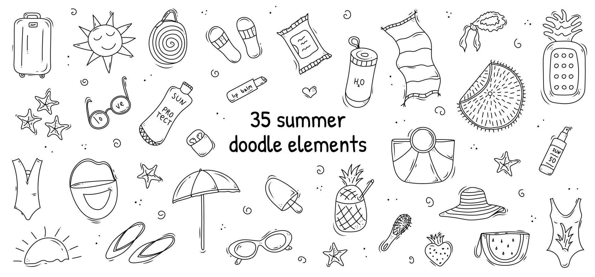 Doodle set of cute vector summer elements bikini, luggage, slates, beach towel, water, umbrella, bag, ice cream Black and white vector illustration