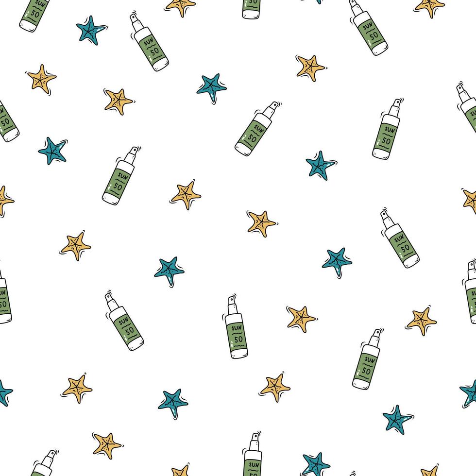 Seamless pattern with summer beach elements starfish, sun care cream, spf, seashells. Flat style vector image.