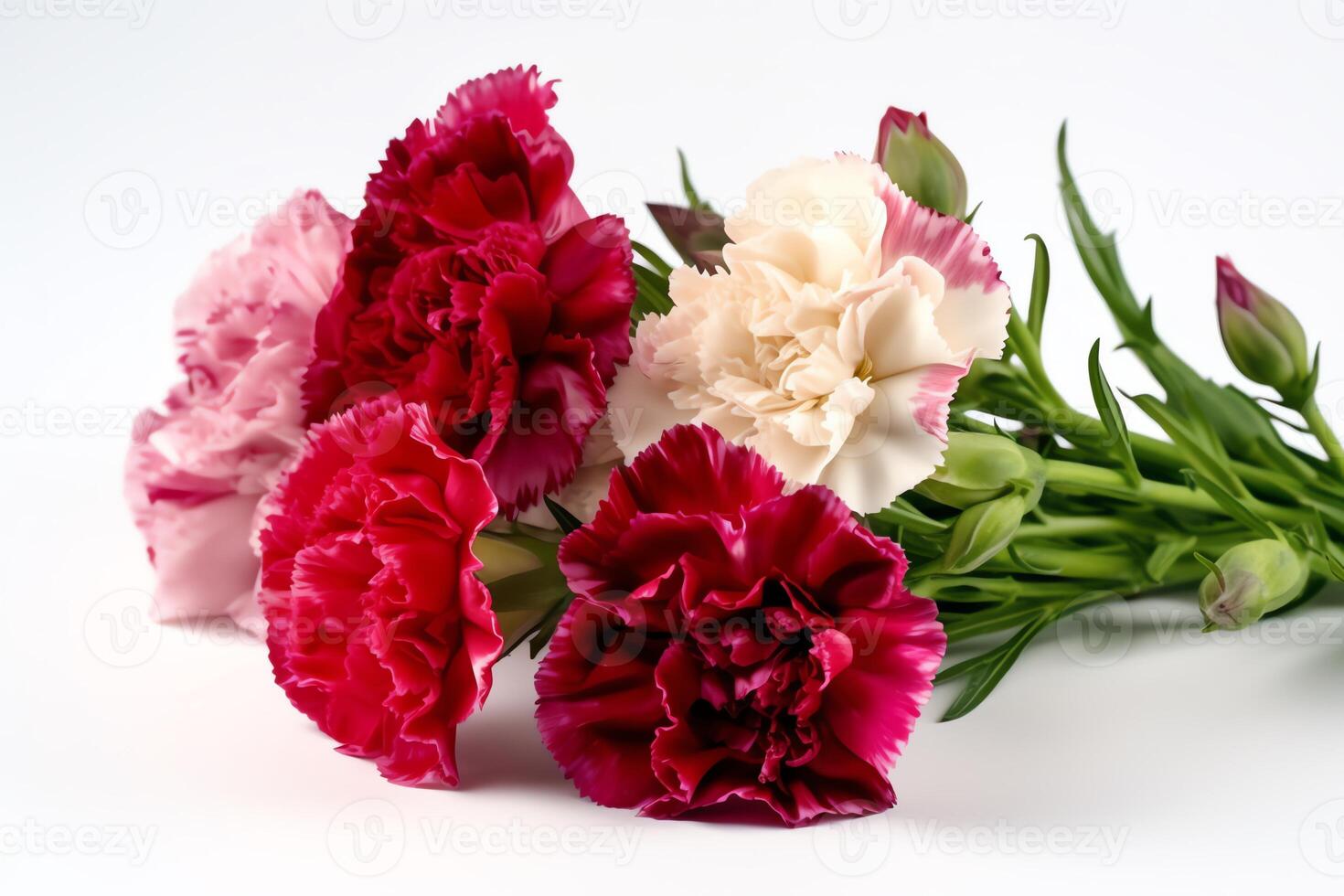 Bouquet of carnation flowers with leaves, isolated on white background. photo