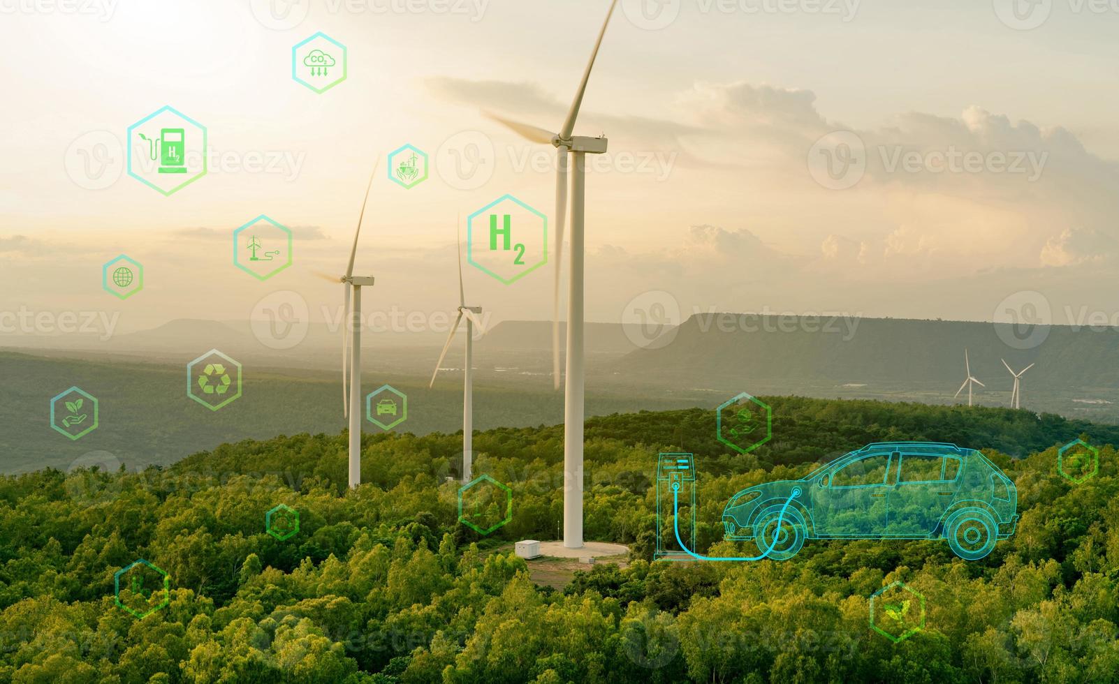 Green hydrogen gas production at wind farm. Sustainable renewable energy. Electric car filling H2 at hydrogen fueling station. H2 Fuel cell vehicle. Net zero emission. Future energy. Green technology photo
