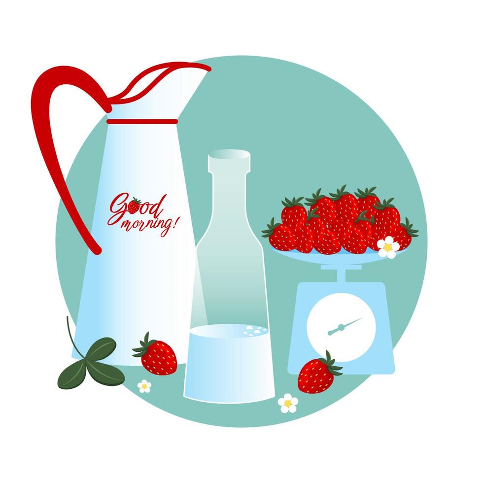 bueno Mañana sano estilo de vida concepto vector ilustración. fresas en un mecánico escala, un Clásico jarra y un botella de leche, flores y un hoja.