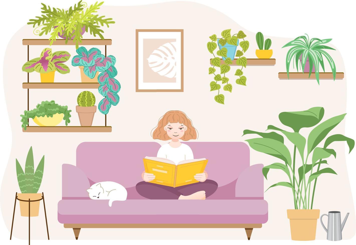 A girl with a book sits on the couch surrounded by potted flowers vector