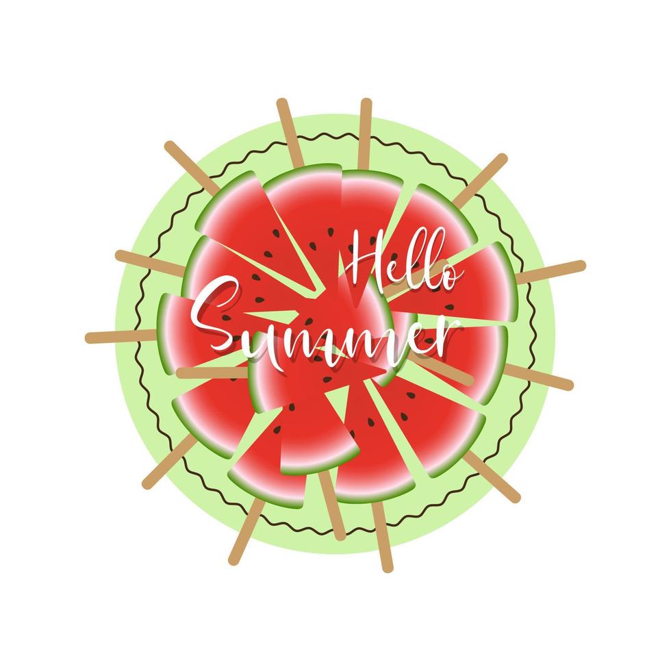 Hello Summer inscription with slices watermelon round background. vector