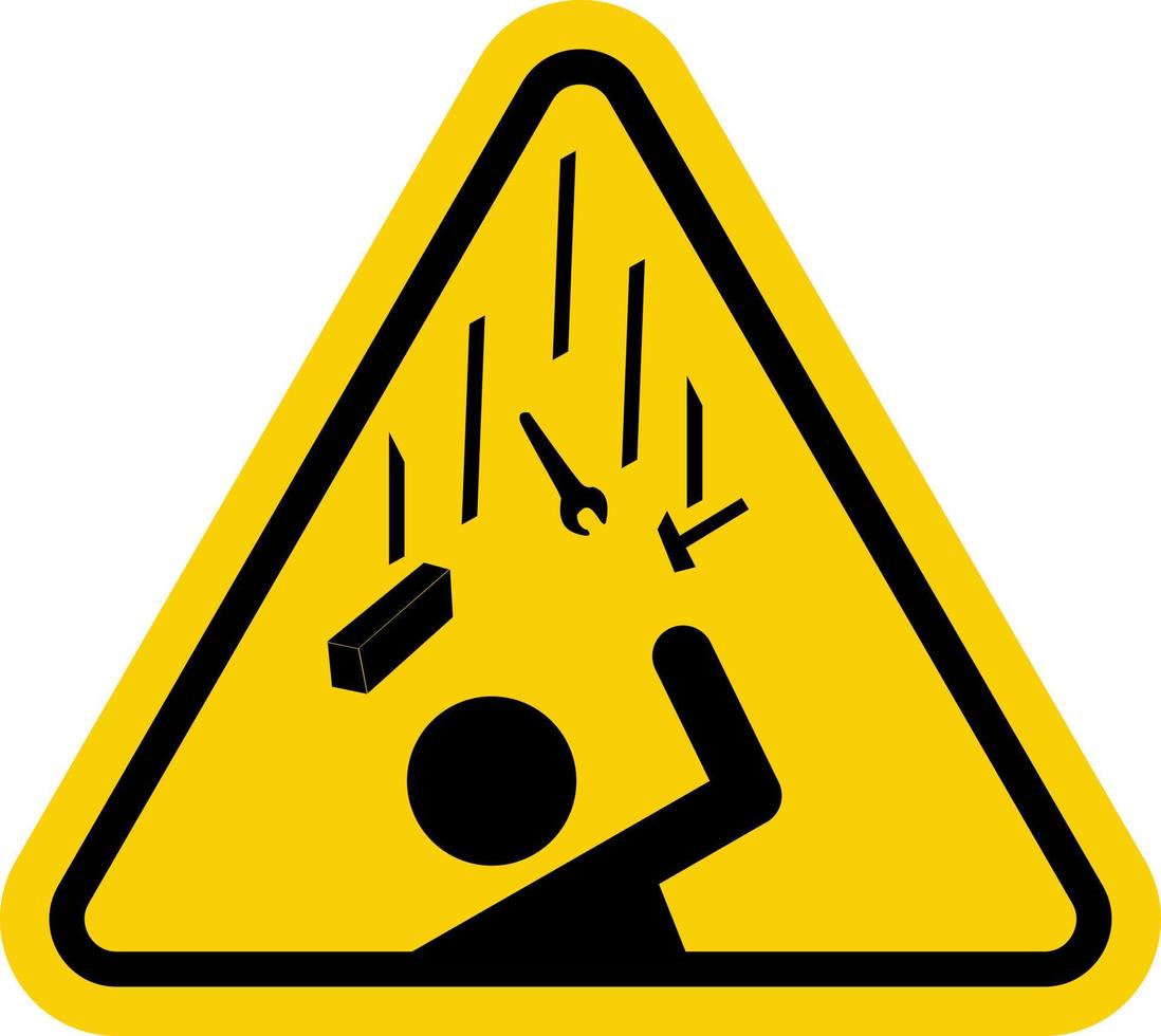 Falling objects danger sign. Falling objects warning sign. Caution, falling objects from a height on construction sites cause injury. Yellow triangle sign with icon of falling tools on a person. vector