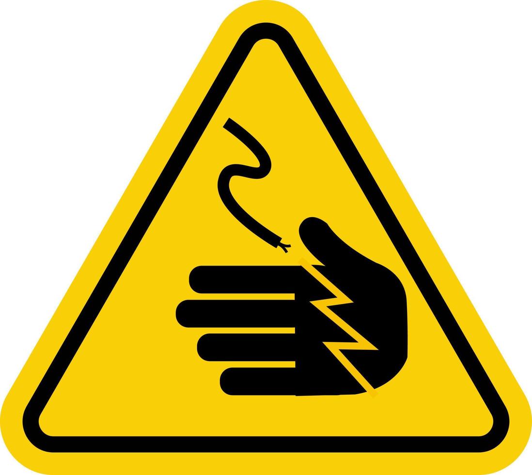 Electric shock sign. High voltage cable warning sign. Yellow triangle sign with damaged hand and cable icon inside. Careful not touch cable. vector