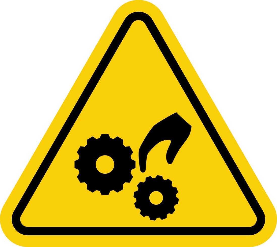 Hand crush sign. Hand injury sign. Pinched hand sign. Warning yellow triangle sign with hand and gear icon. Risk of hand injury. Beware the gear. vector
