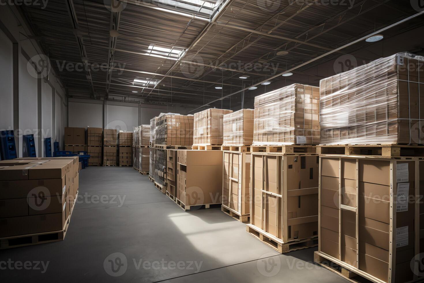 Efficient storage. Solar powered, air heated warehouse with organized cardboard boxes. photo