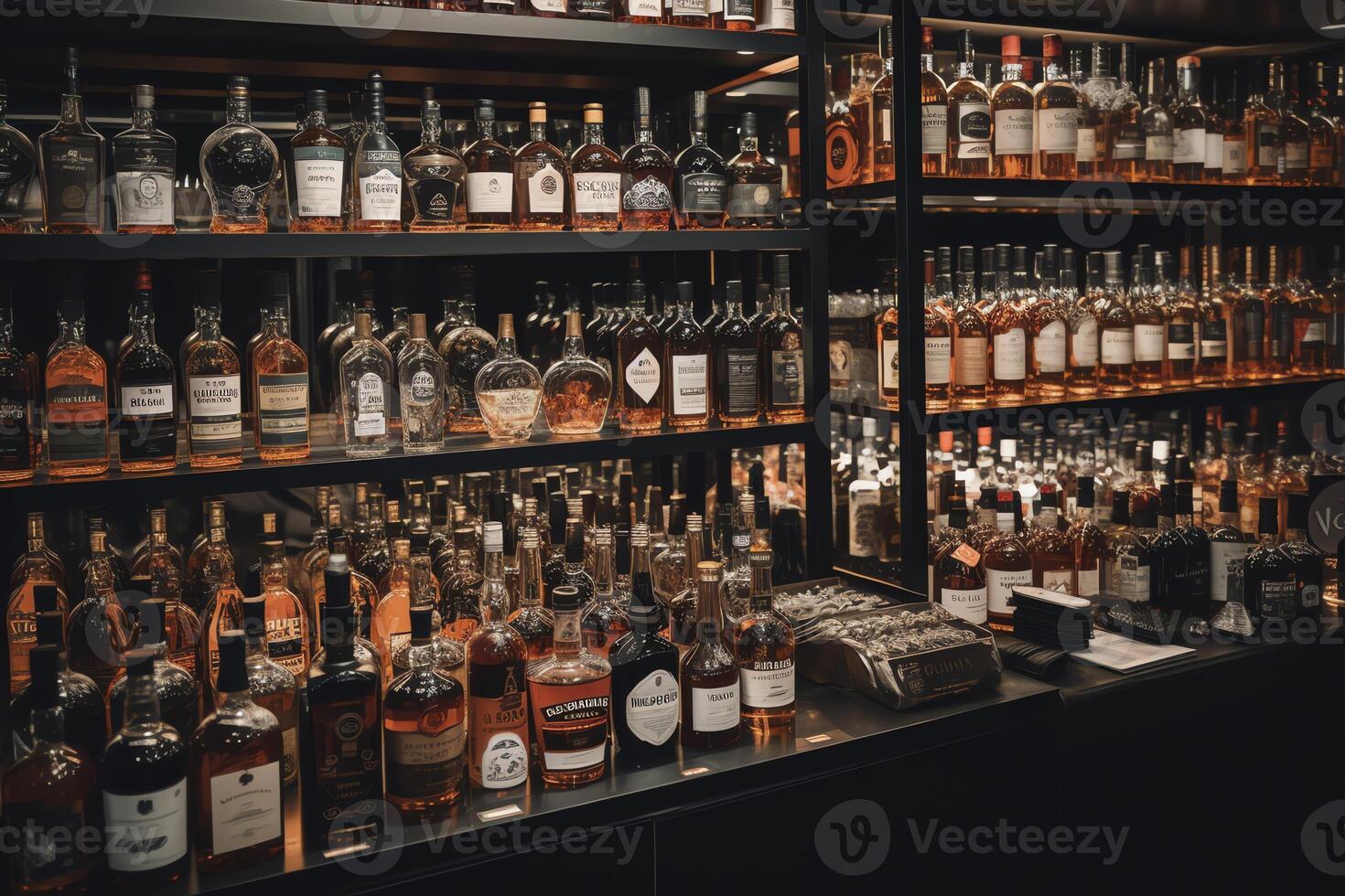 Variety of hard liquor brands in liquor store. photo