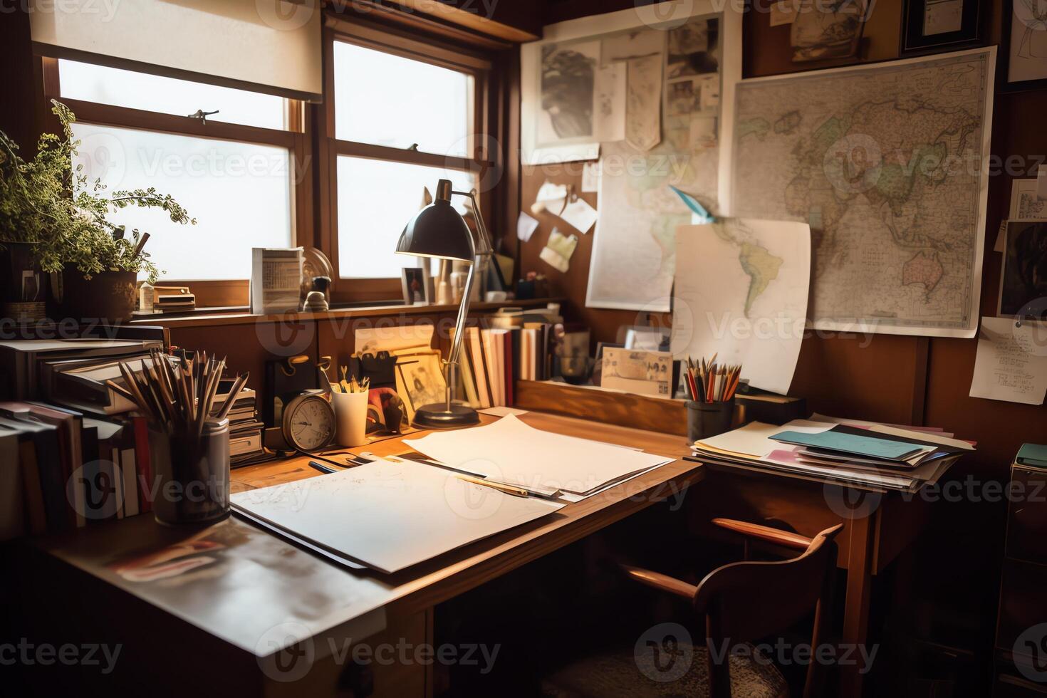 Home office with open sketchbook and desk for students. photo