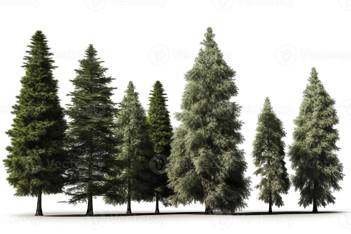 Groups of conifer trees isolated on white. photo