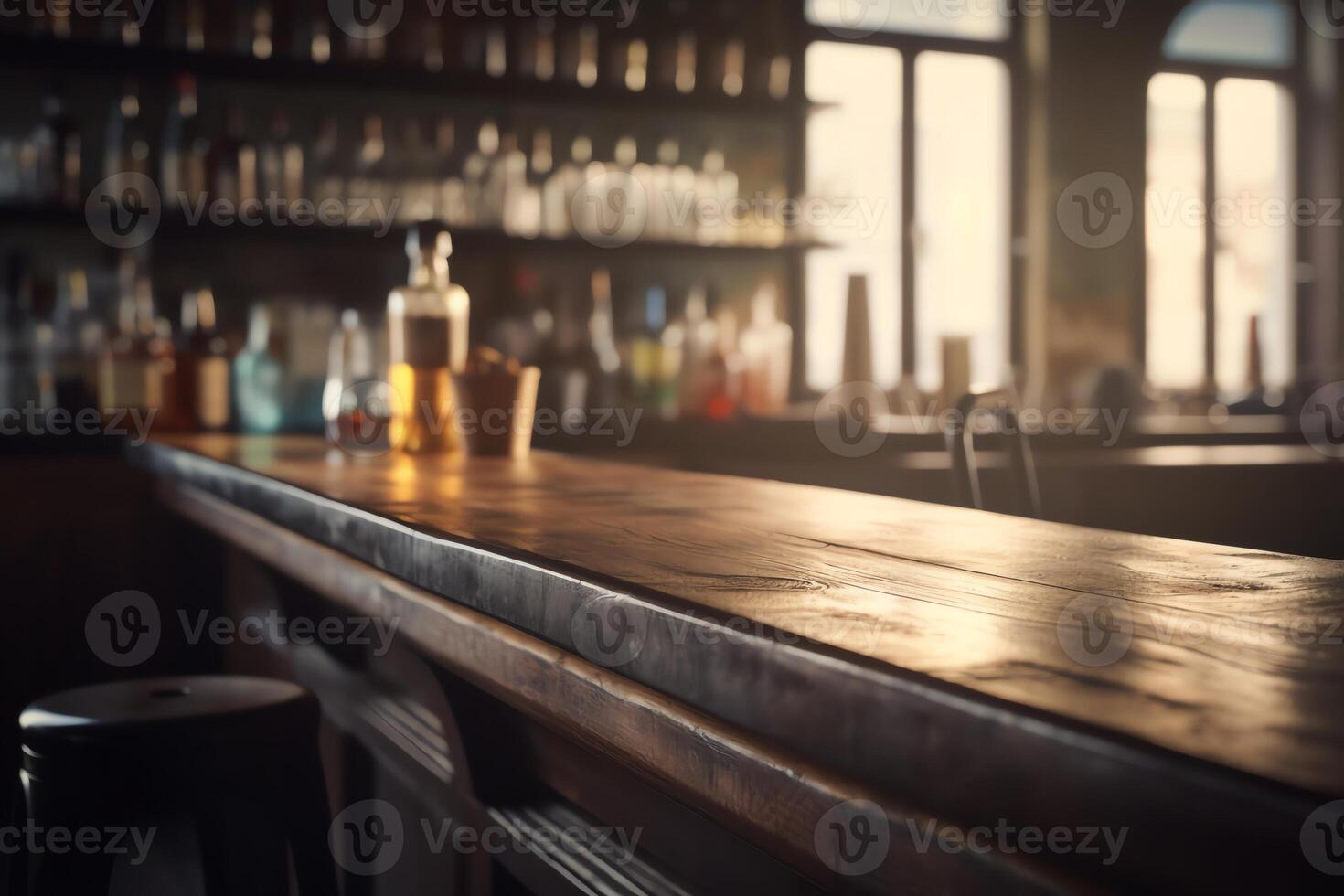 Bar with retro wood desk and blurred background. photo