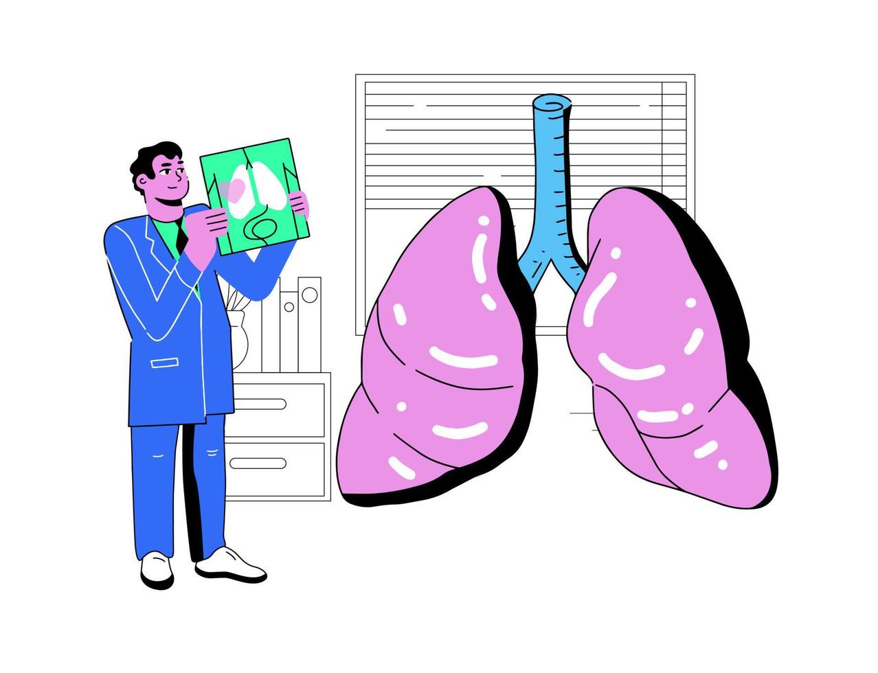 The Doctor examines the big Lungs. Vector illustration in neobrutalism style. Pulmonologist conducts research on the lungs. Nurse stands and holds a snapshot scan