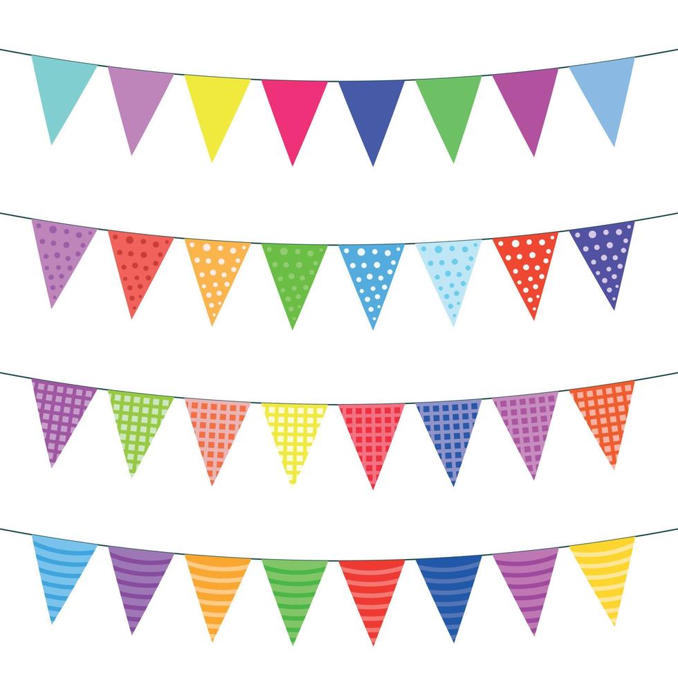 A set of four lines of bunting in different colors, striped, plaid bunting, polka dot bunting. vector