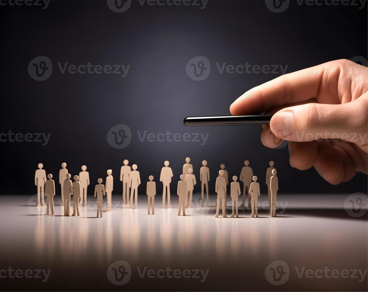 Headhunting, Recruitment and HRM Magnifying glass focuses on manager icon amidst staff icons for human development, recruitment leadership, and customer targeting. Pro Photo concept