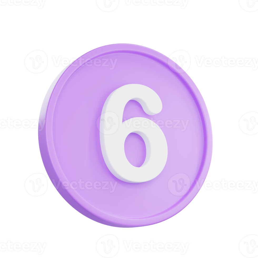 3D render Notice buttons with the number 6 icon isolated for social media reminders. png