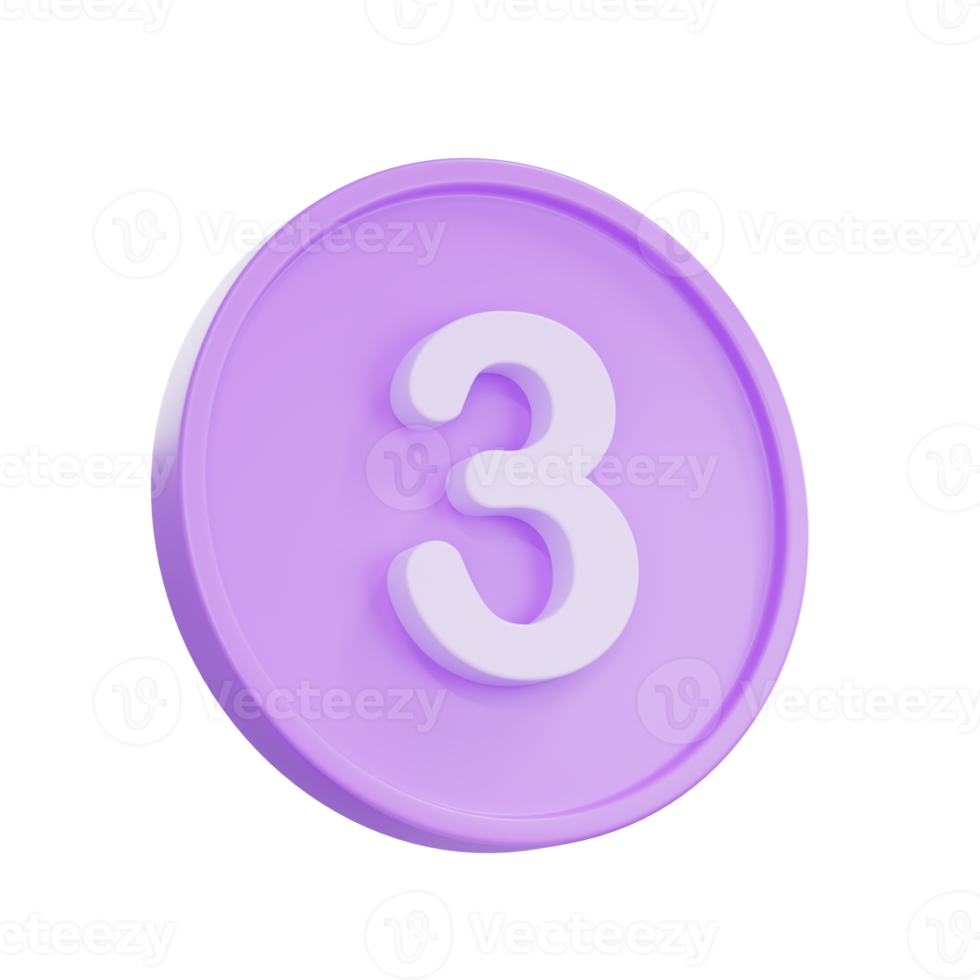 3D render Notice buttons with the number 3 icon isolated for social media reminders. png