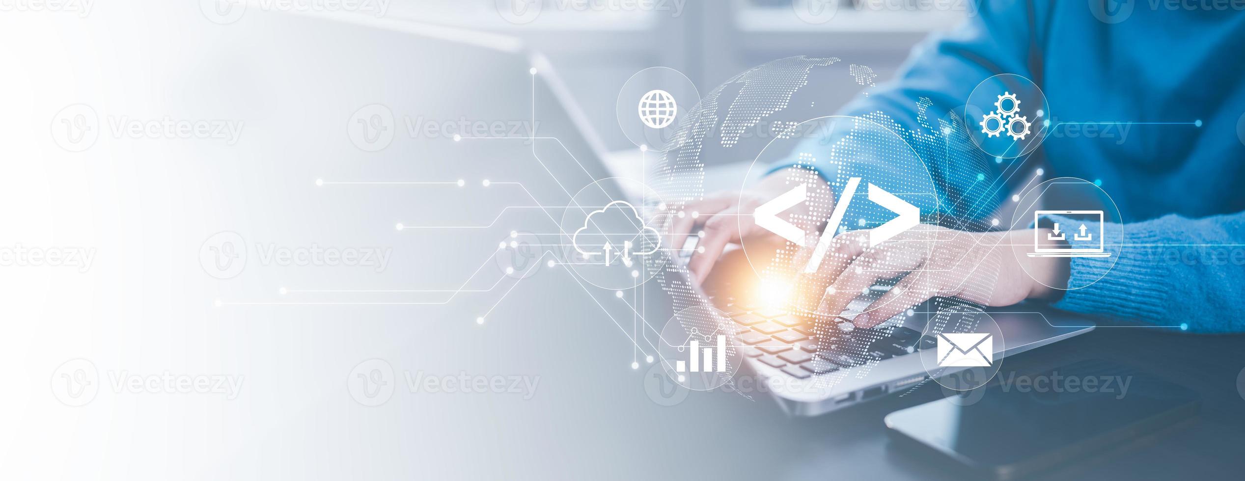 Businessman hand touch with Code html and programming on screen laptop,Programmer development Computer code,web design  coding technology in software, digital software technology development, IoT photo