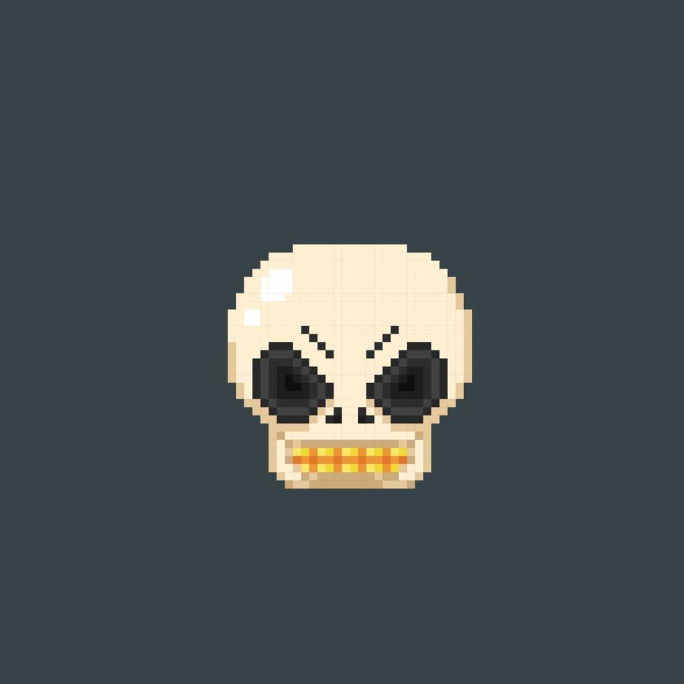 skull head with golden tooth in pixel art style vector