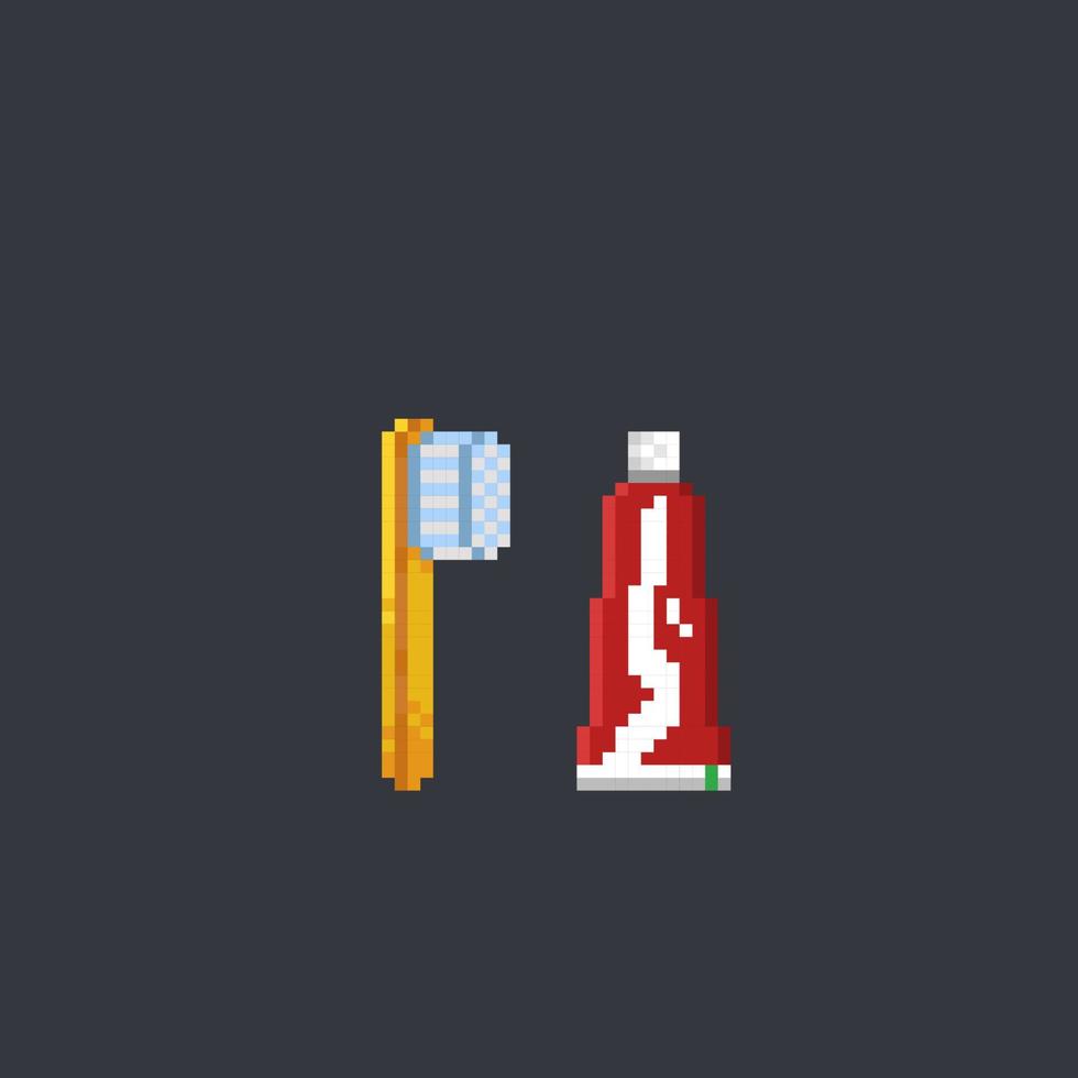 toothpaste and toothbrush in pixel art style vector