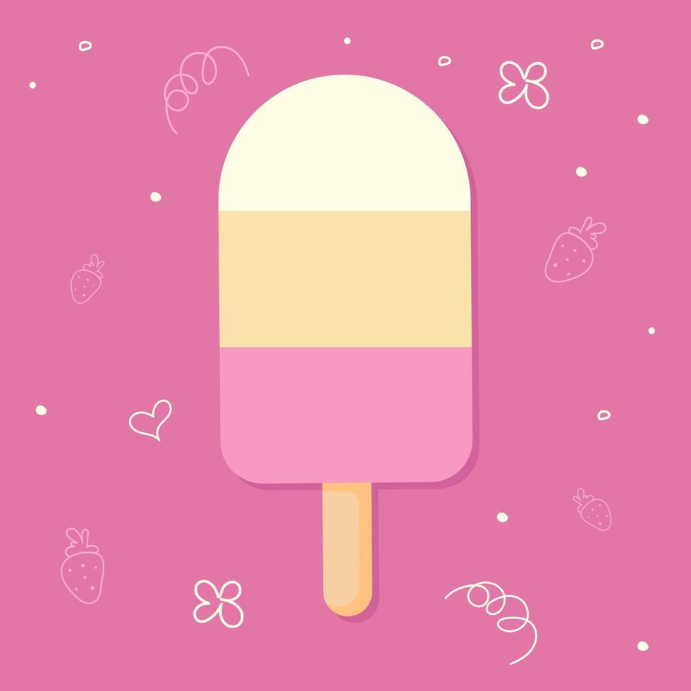 three colors ice cream with strawberry on pink background. Vanilla, chocolate, nut, strawberry ice cream vector