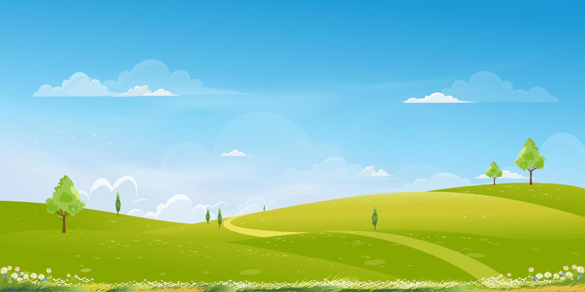 Spring Background with Green Grass Field Landscape with Mountain,Blue Sky and Clouds,Panorama Summer rural nature in with grass land on hill.Cartoon Vector illustration backdrop banner