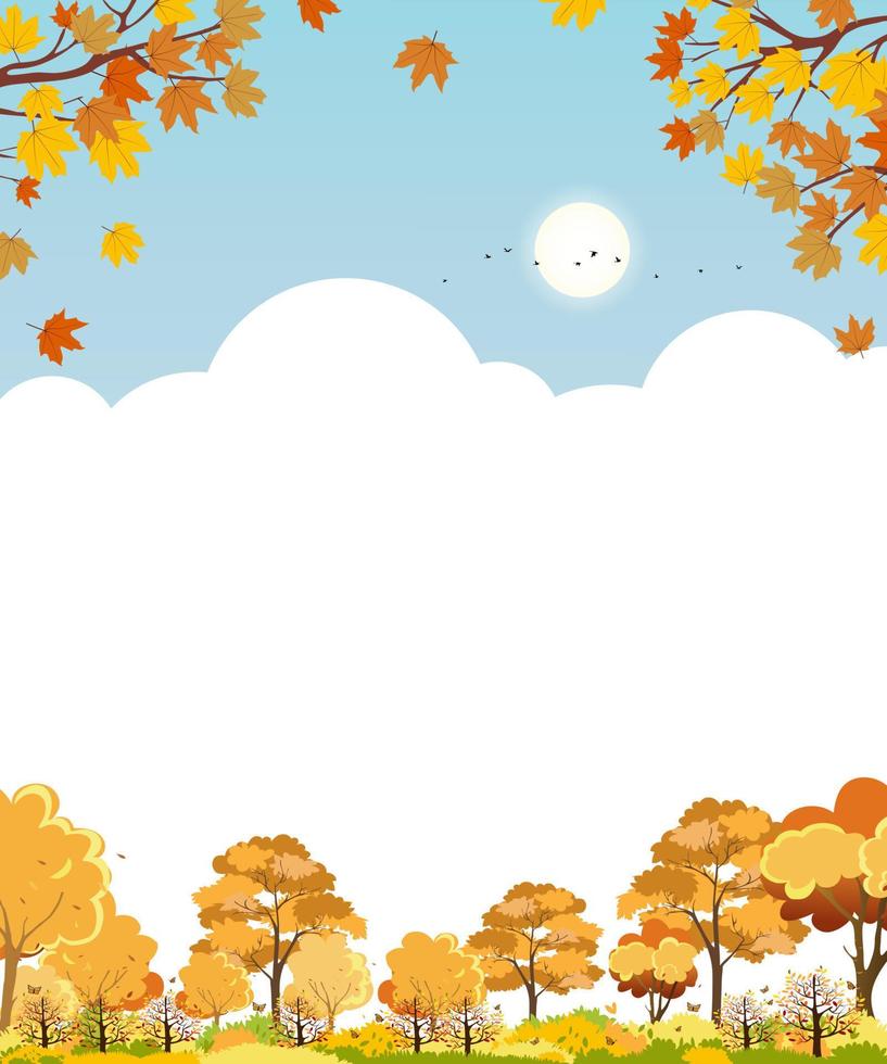 Autumn landscape with maple tree forest and cloud on blue sky background,Vector cute cartoon Fall season with orange foliage,Peaceful natural in sunny day,Autumnal background with copy space for text vector