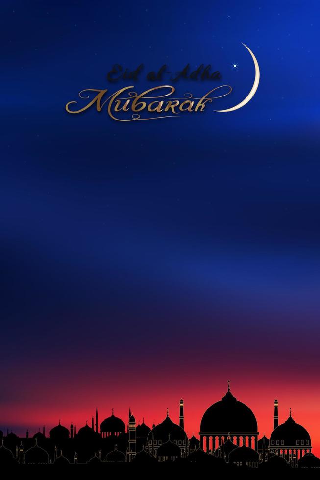 Eid al Adha Mubarak greeting design with Crescent Moon and Star Sunset Sky Background.Vector Backdrop of Religion of Muslim Symbolic for Eid al fitr, Ramadan Kareem,Eid Mubarak vector