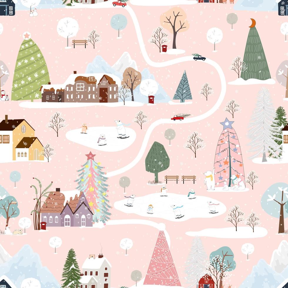 Seamless pattern Winter, Christmas landscape in the town with pine tree,fairy tale house,car,polar bear playing ice skate,Vector cute cartoon design Village on Christmas eve,New year 2024 background vector