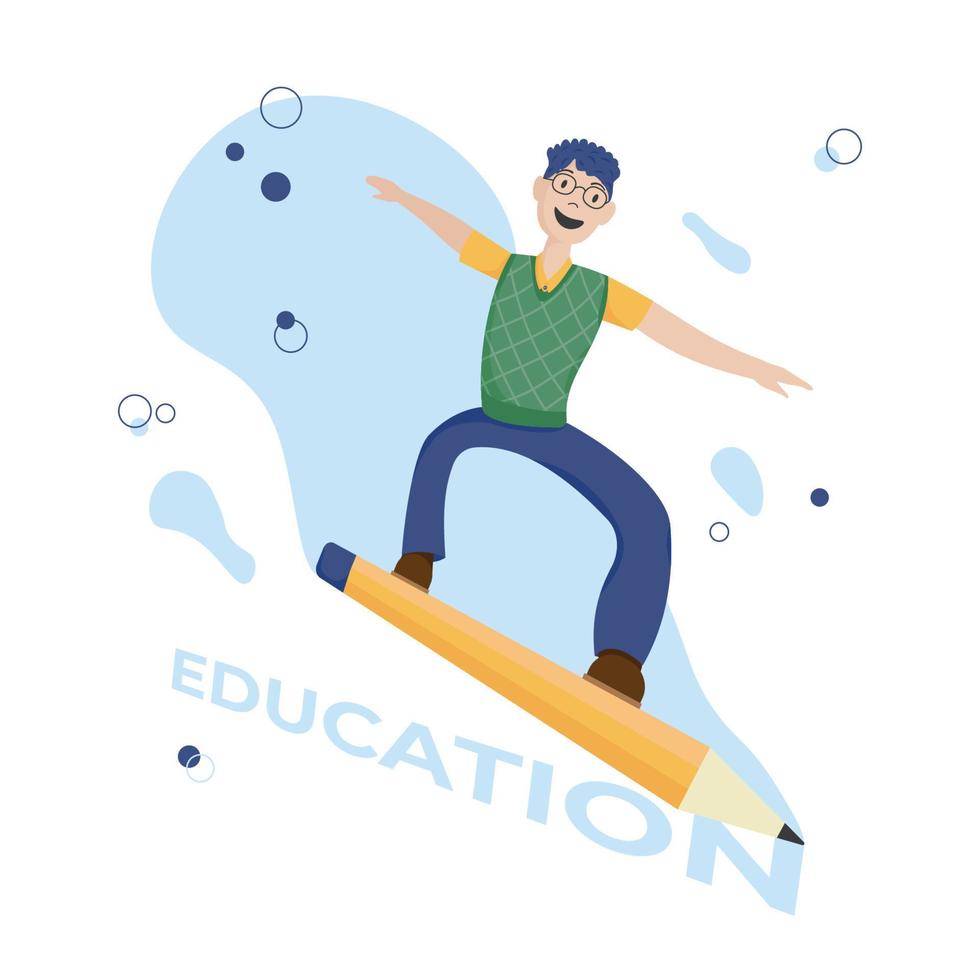 Happy Student in Glasses Standing Flying on Pencil to new Knowledge vector