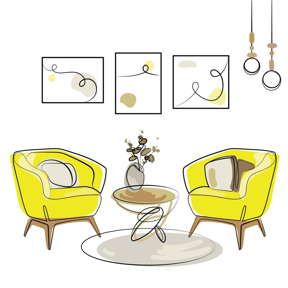 Modern interior design with two armchairs and abstract paintings on the wall, coffee table with trendy vase and trendy lamps sketch drawing vector illustration.Minimalist style modern furniture design