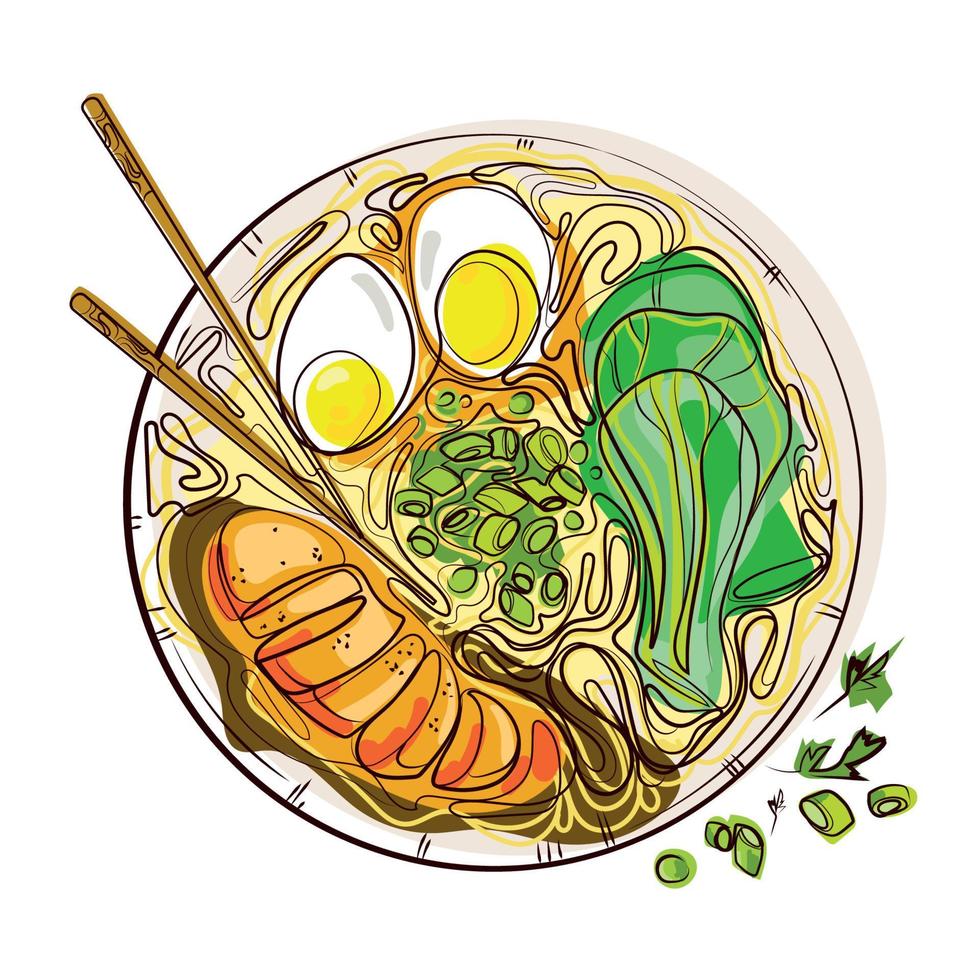 Asian cuisine colored sketch drawing with chicken miso soup with noodles and vegetables in a bowl with chopsticks Top view. hand drawn vector illustration. Food menu design template.Asian food concept