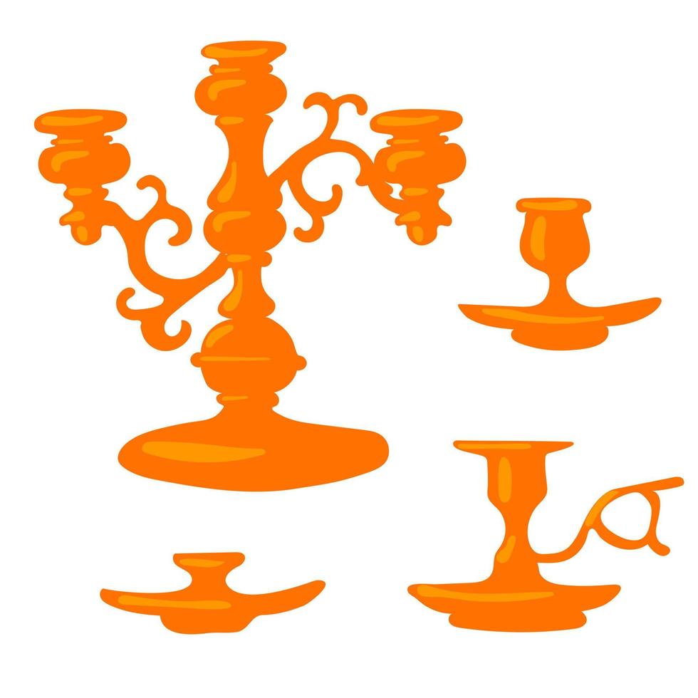 un conjunto de clásico oro candelabros en un blanco antecedentes. Clásico mano linternas un triple candelero con un red, un soltero uno con un encargarse de y un soltero uno sin un manejar. decorativo elemento vector